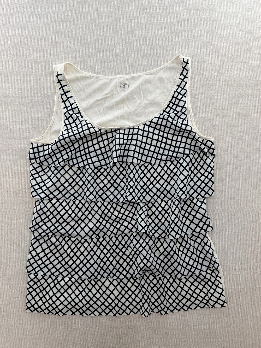 LOFT White Tank Top with Black Grid Ruffle Tiers